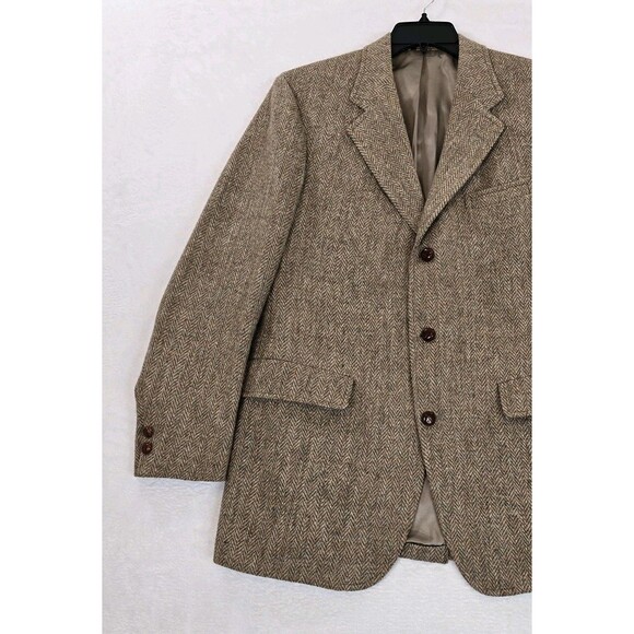 Vtg Harris Tweed Blazer Mens 42 Med Brown Herringbone Wool Jacket Unstructured - Picture 3 of 16